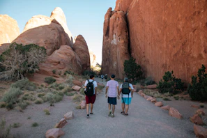A couple of people that are walking down a road