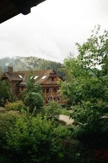 A house in the woods with mountains in the background