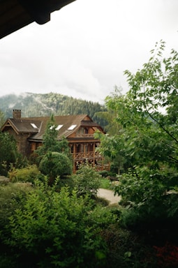 A house in the woods with mountains in the background