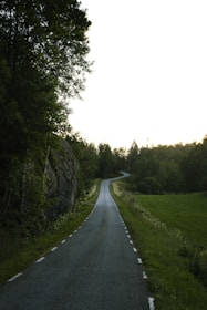 An empty road in the middle of a lush green field