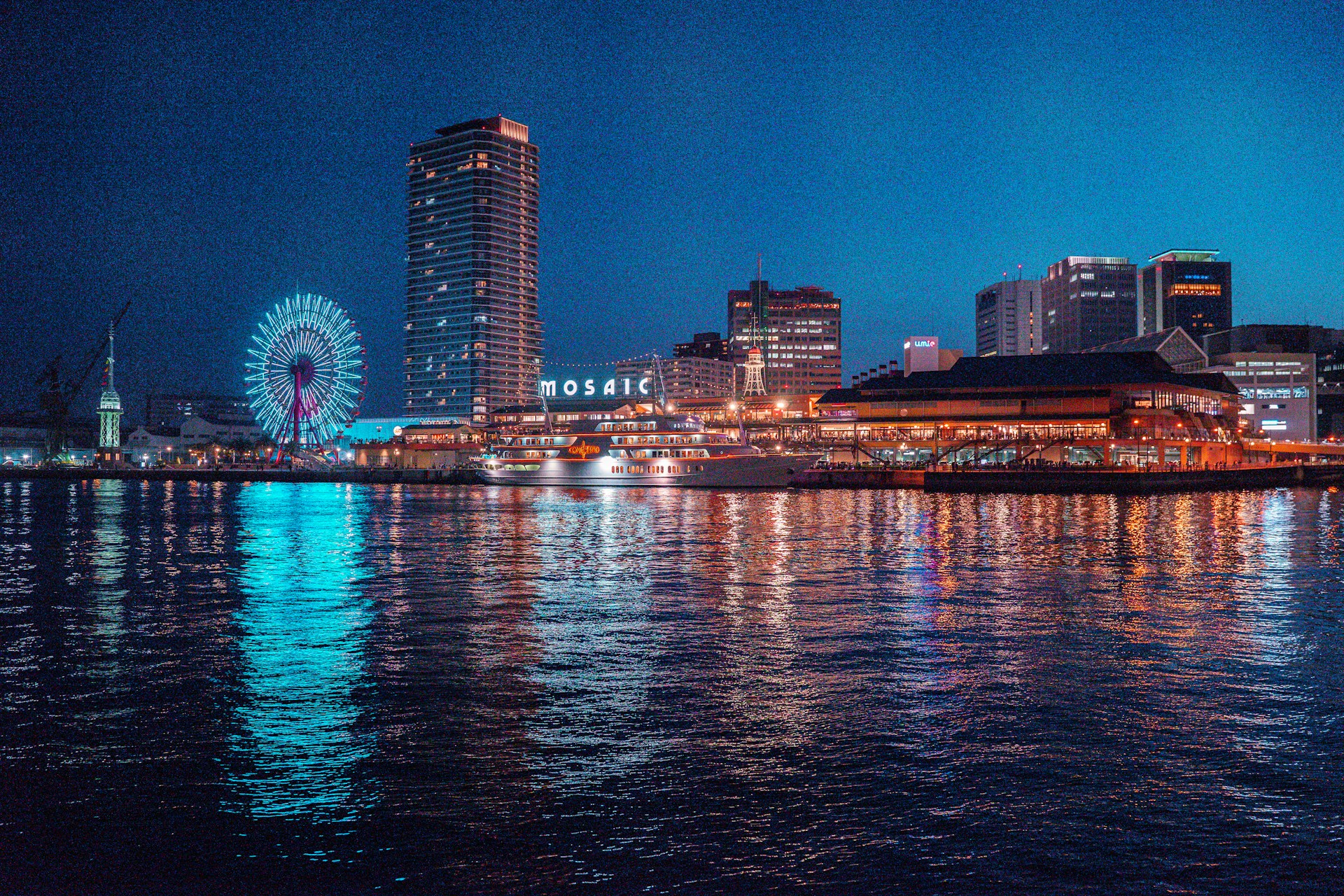 A large body of water with a ferris wheel in the background