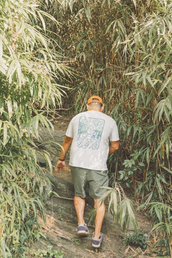 A man walking up a trail in the woods