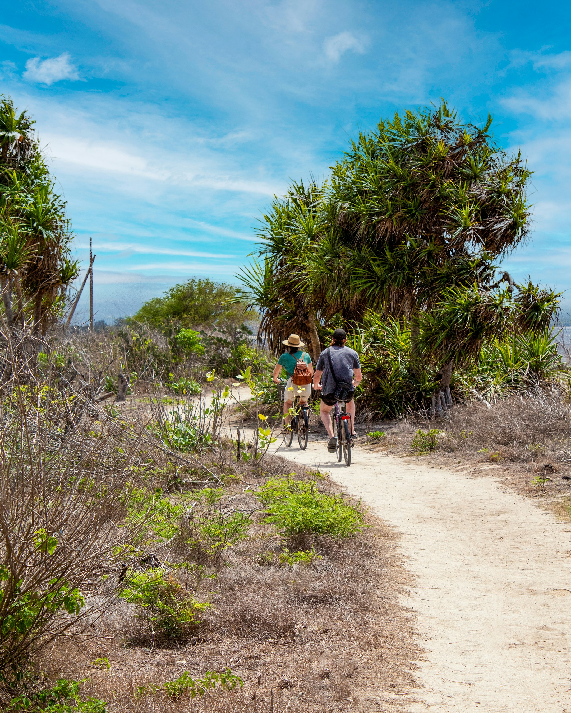 A couple of people riding bikes down a dirt road