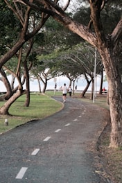 A couple of people that are walking down a path