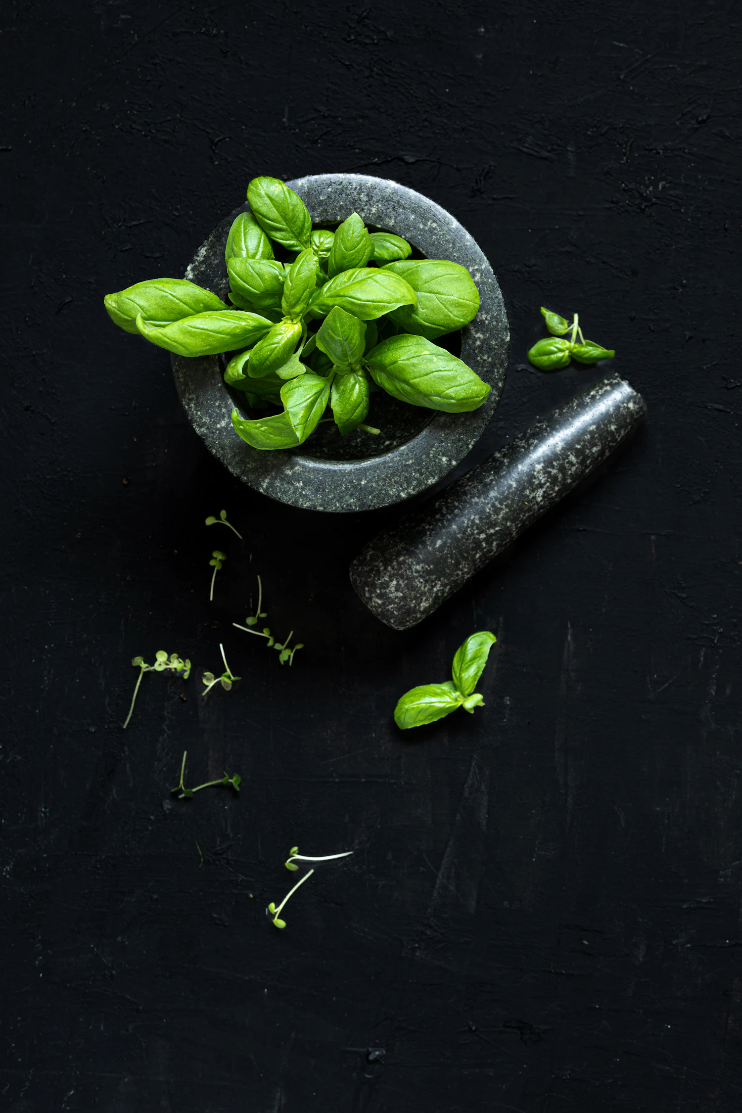 Basil leaves in a stone mortar on a black table