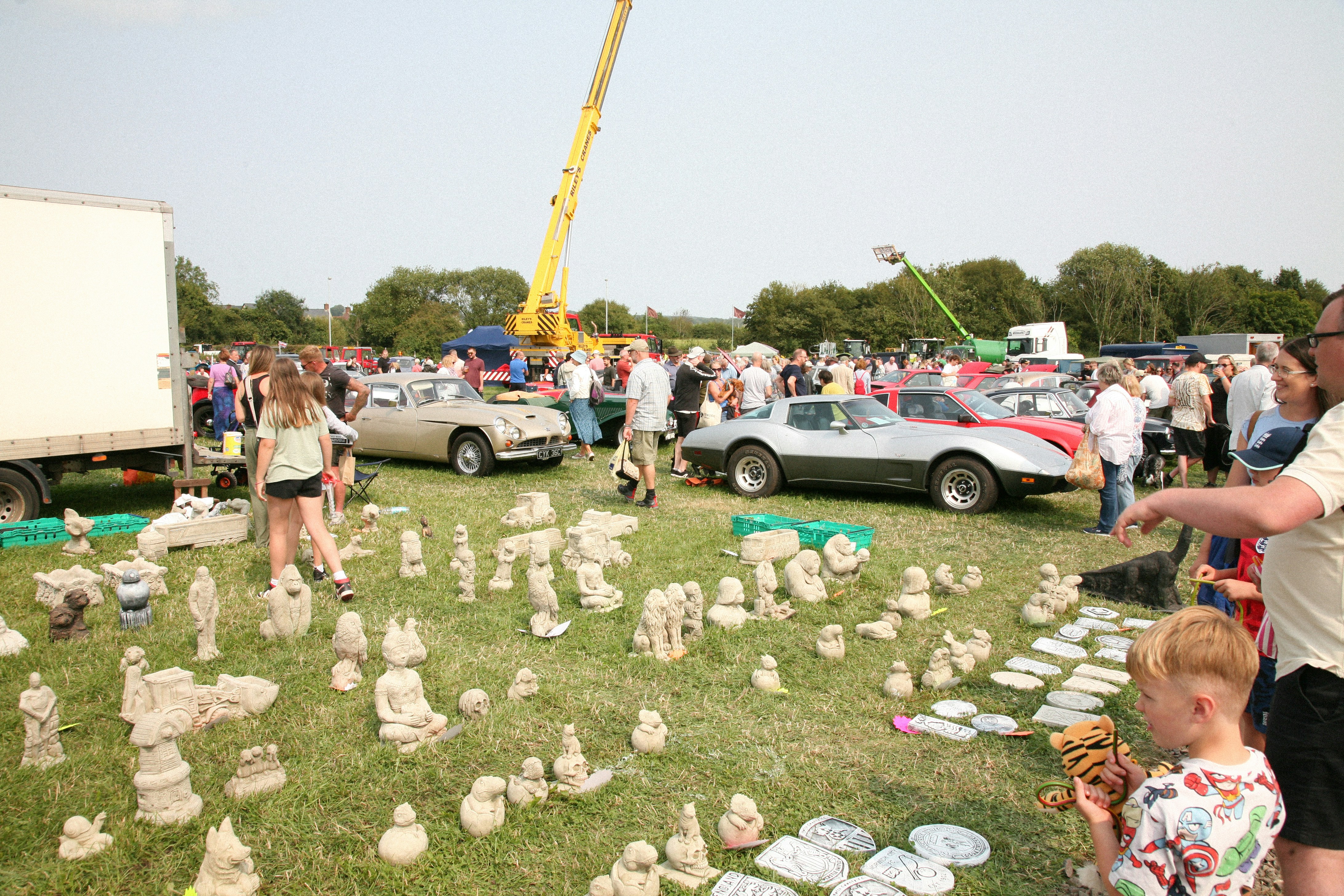 A group of people standing around a field with cars