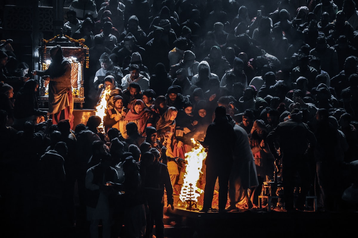 Evening Ganga Aarti at Har Ki Pauri Haridwar with priests, lamps and devotees by the river