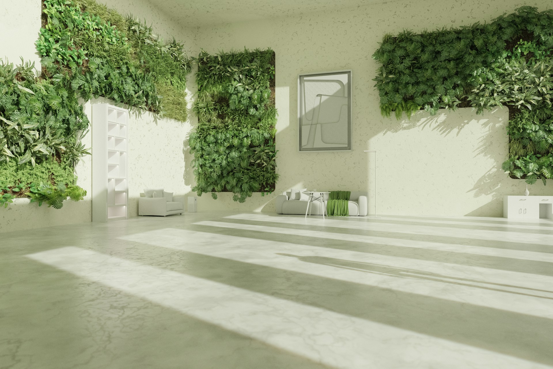 A room with a lot of plants growing on the walls
