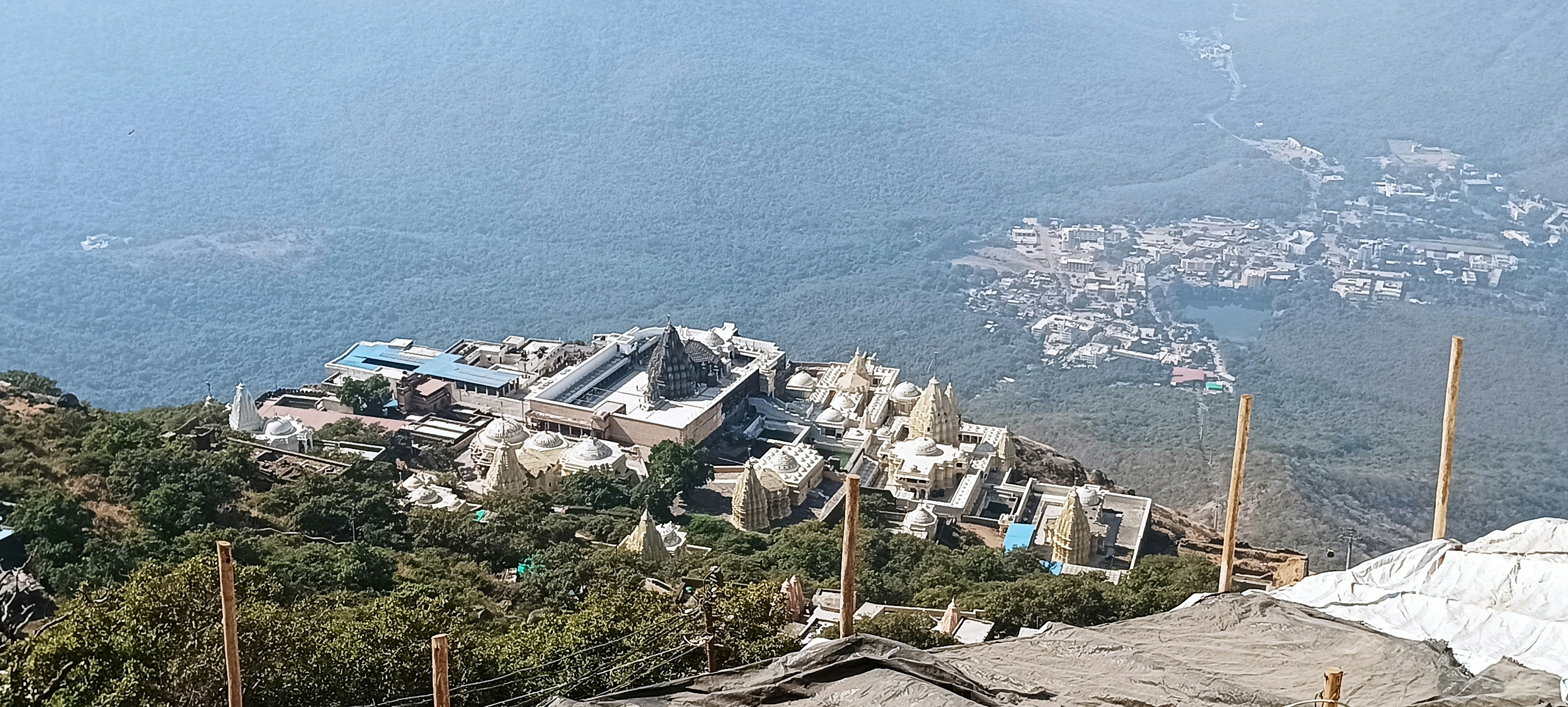 Ambaji temple complex aerial view showing surrounding Arasur hills