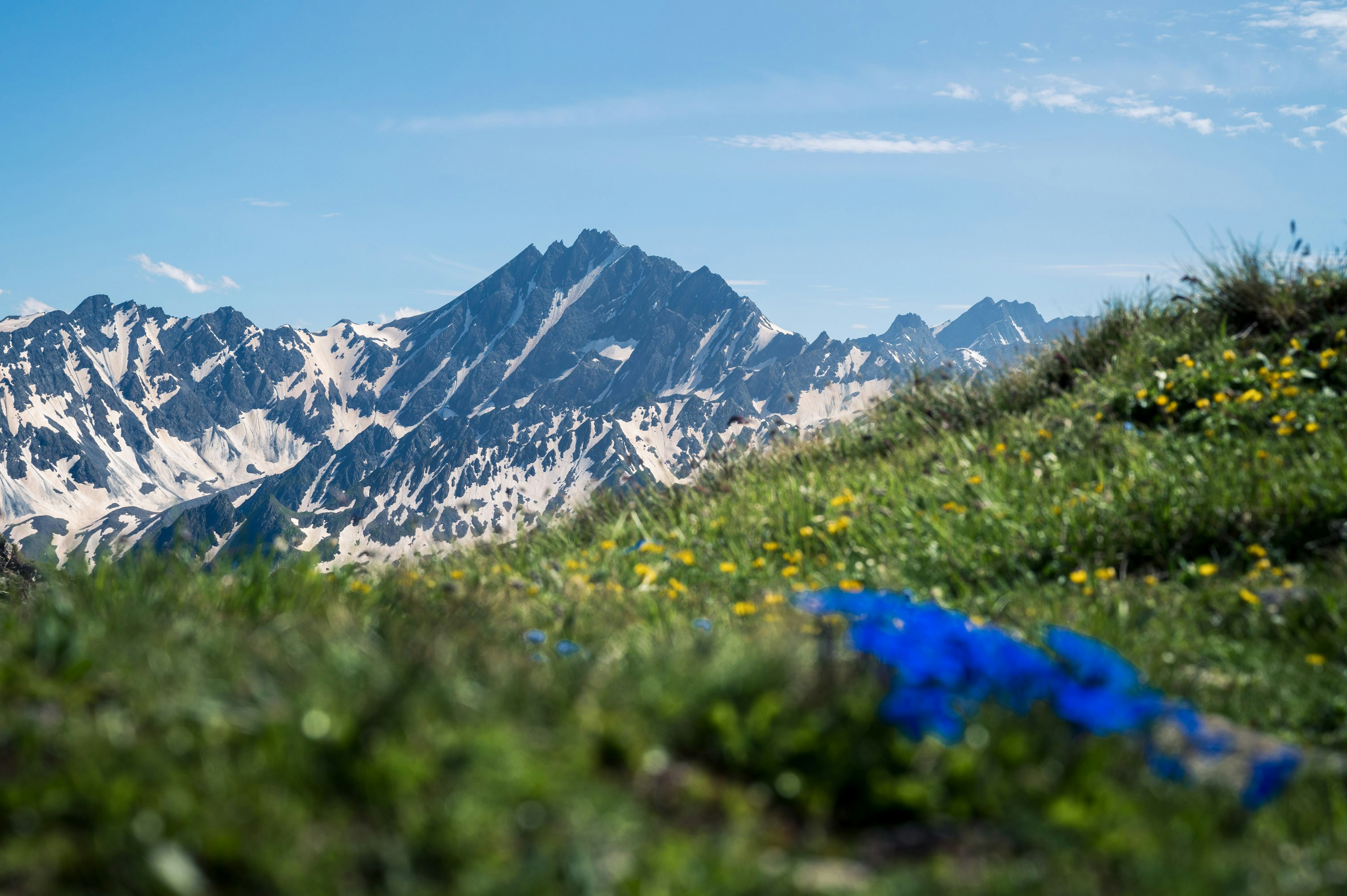 A view of a mountain range with a blue tarp in the foreground