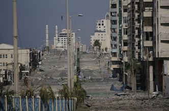 A city street filled with lots of tall buildings