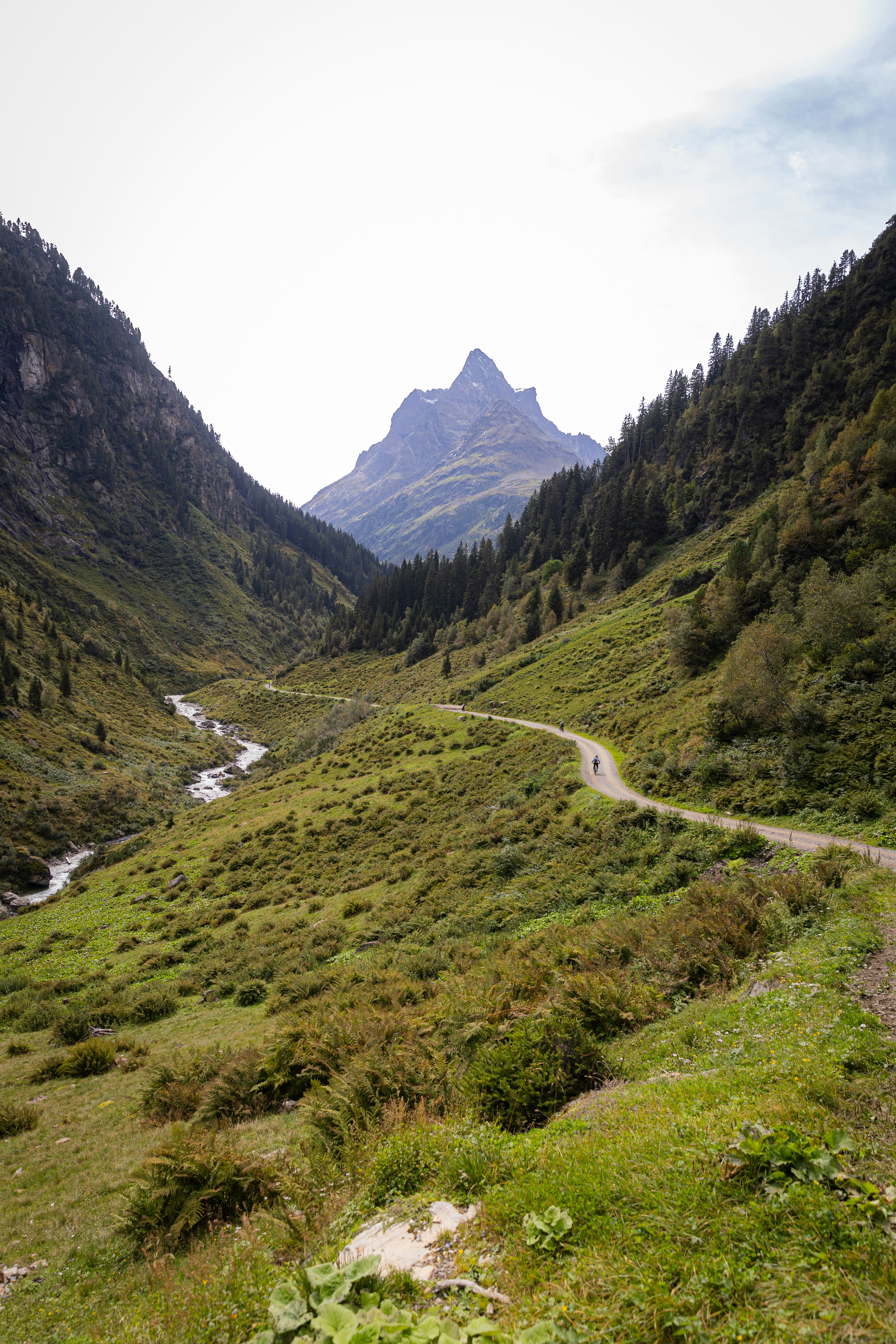 A scenic view of a mountain valley with a river running through it