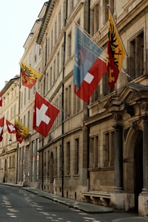 A row of flags on a street next to a building