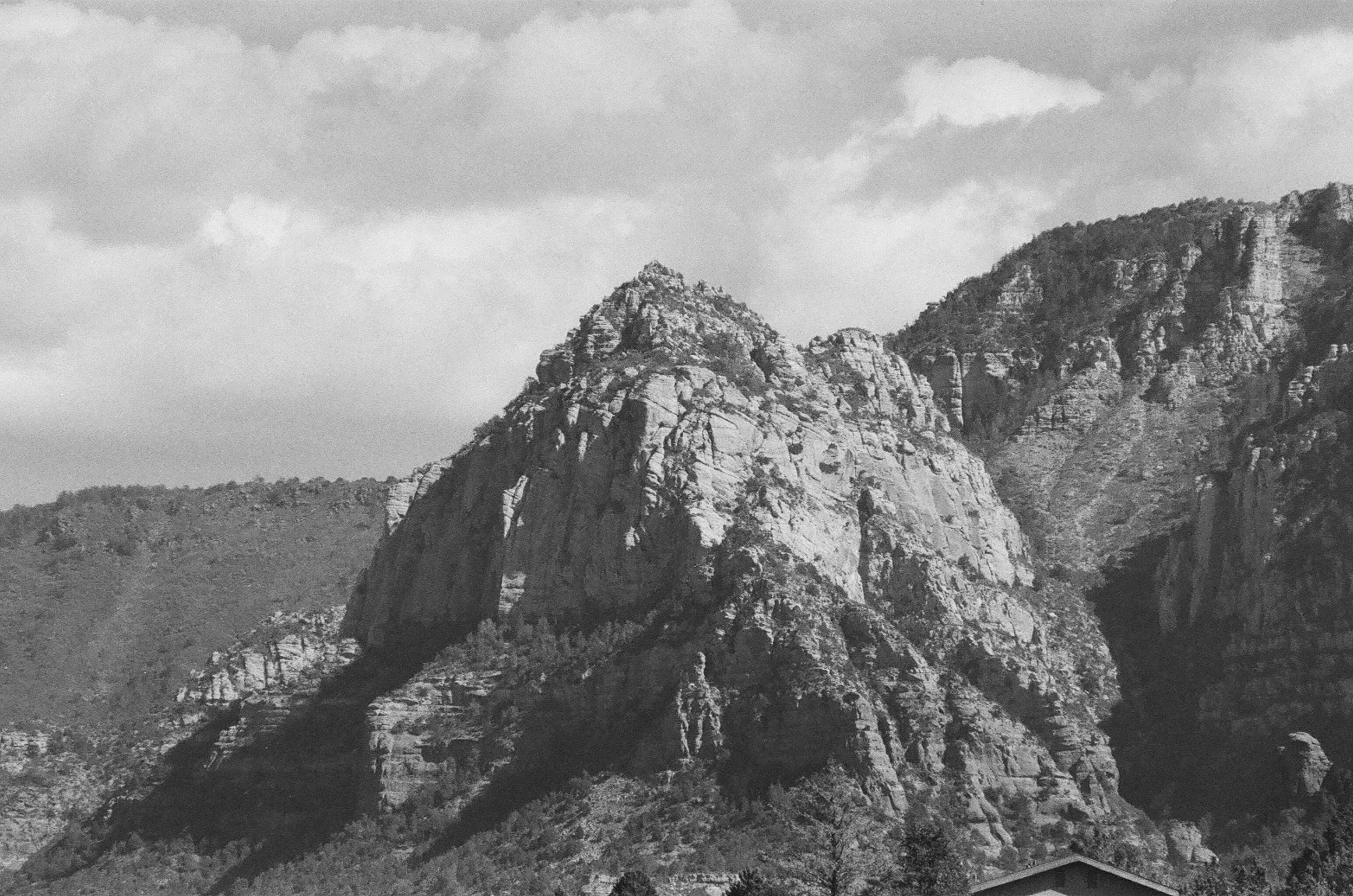A black and white photo of a mountain range