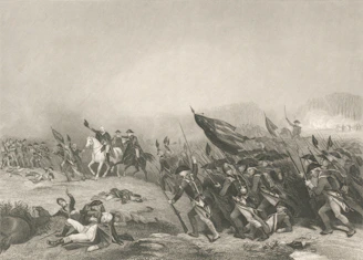 Soldiers in battle with flags and horses