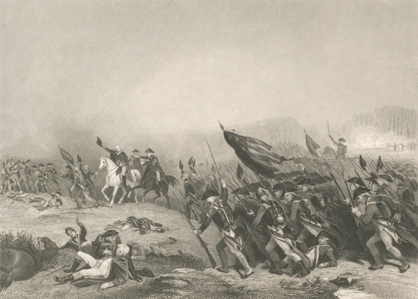 Soldiers in battle with flags and horses