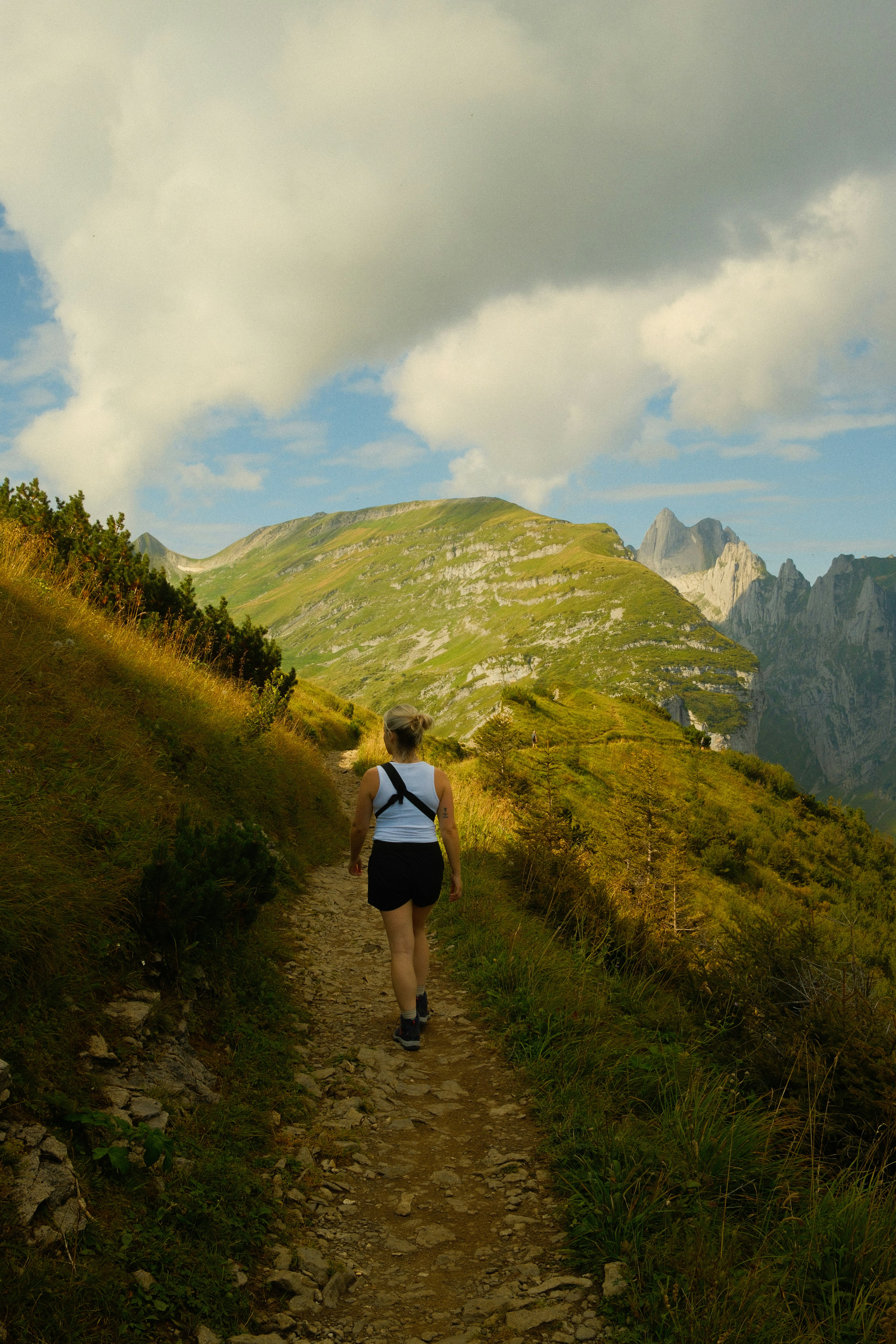 Una mujer subiendo por un sendero en las montañas