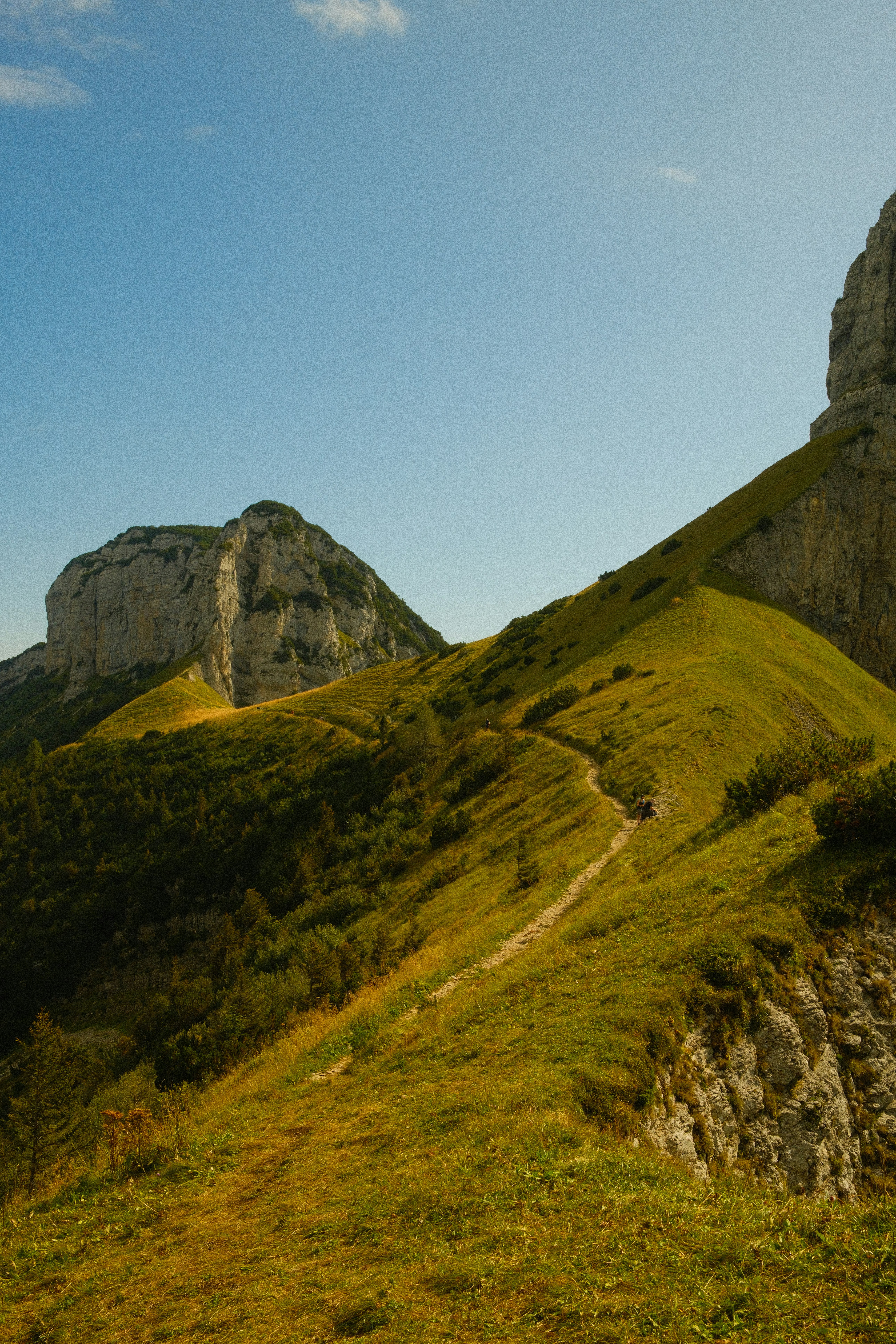 Una colina cubierta de hierba con una formación rocosa al fondo