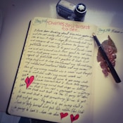 A notebook with writing and a camera on top of it