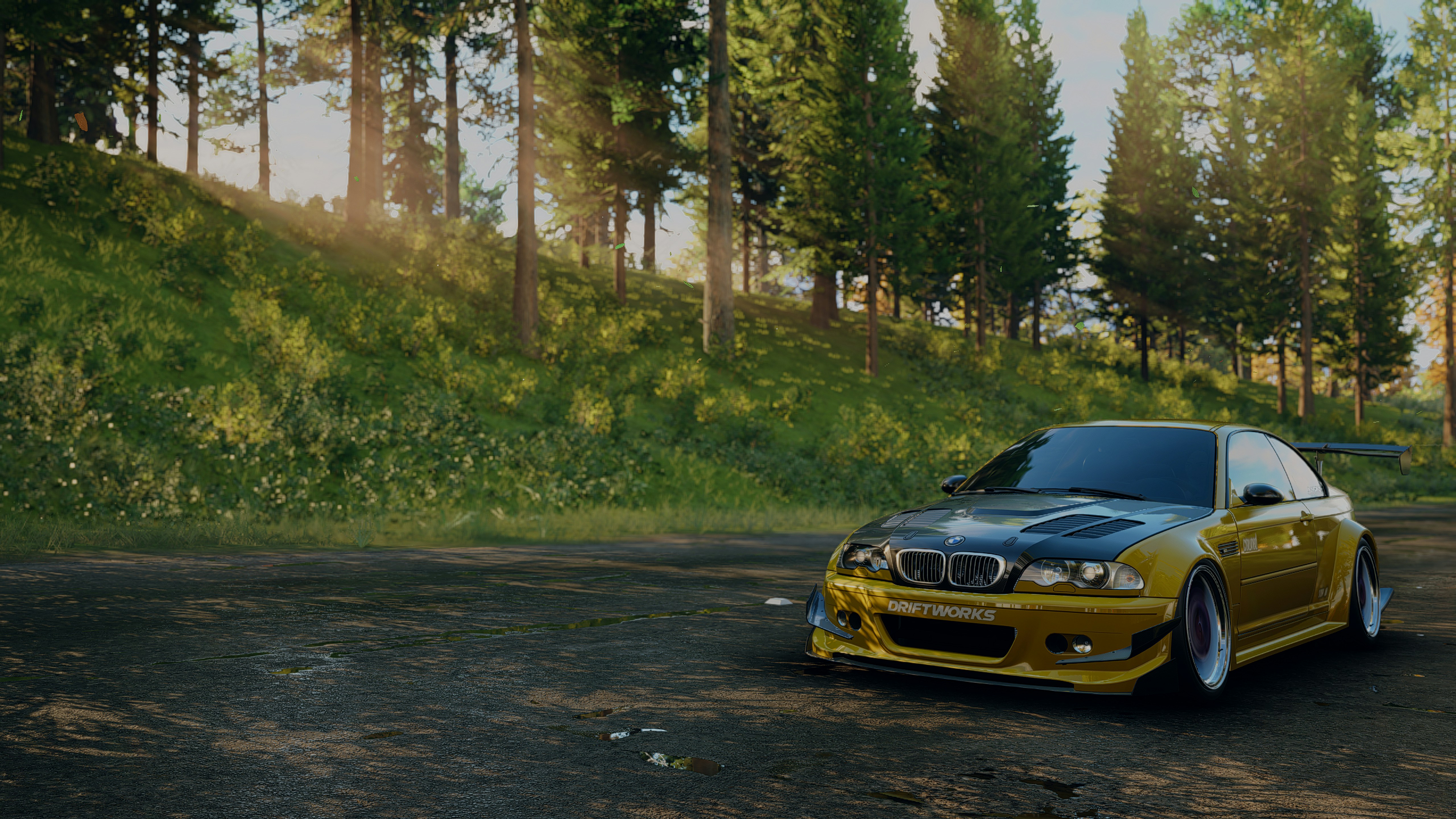 A yellow car parked on the side of a road