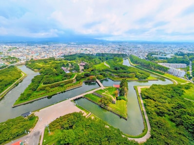 A bird's eye view of a park with a river running through it