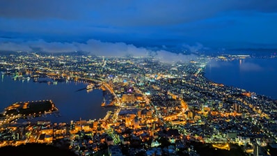 An aerial view of a city at night