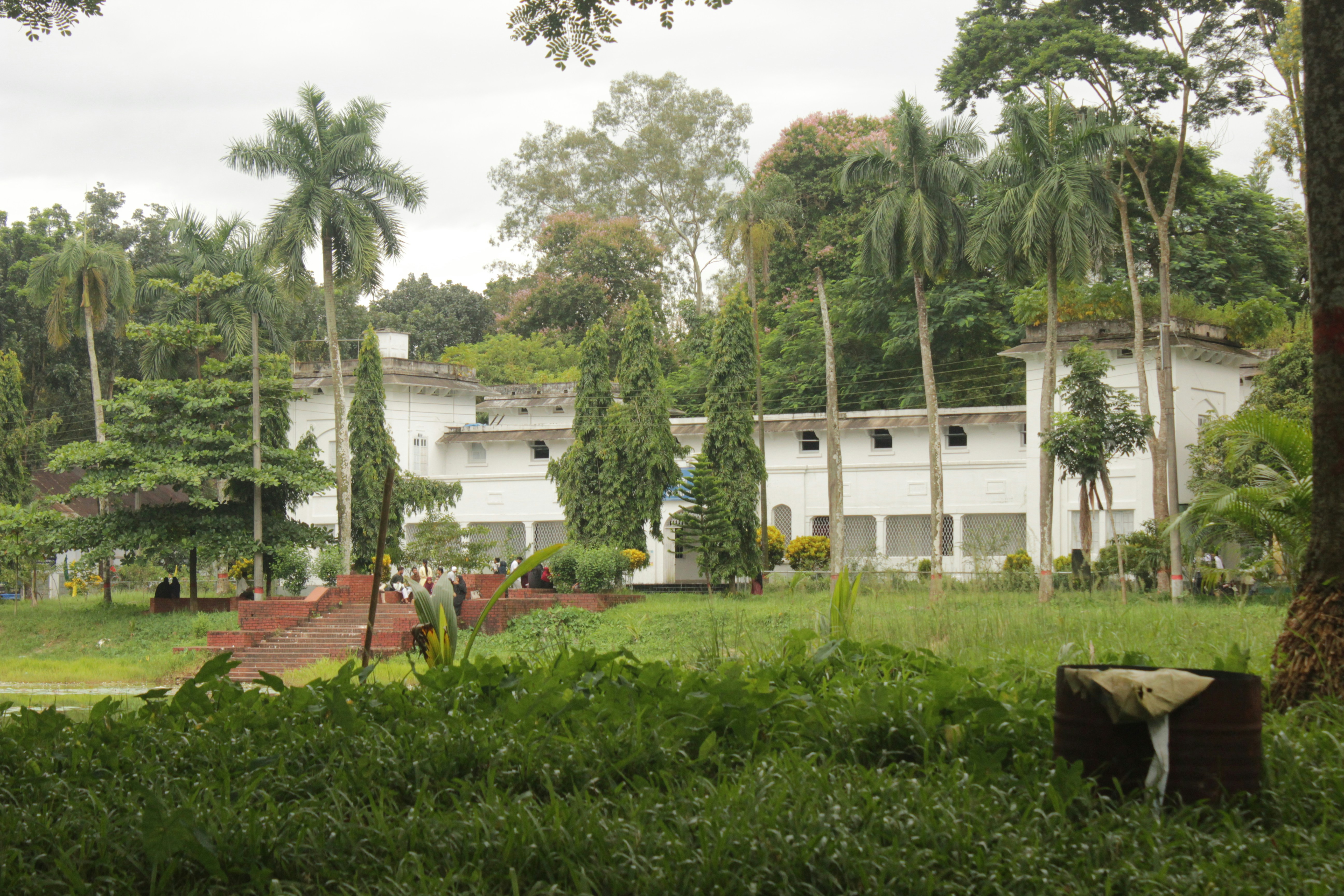 A large white house sitting in the middle of a lush green field