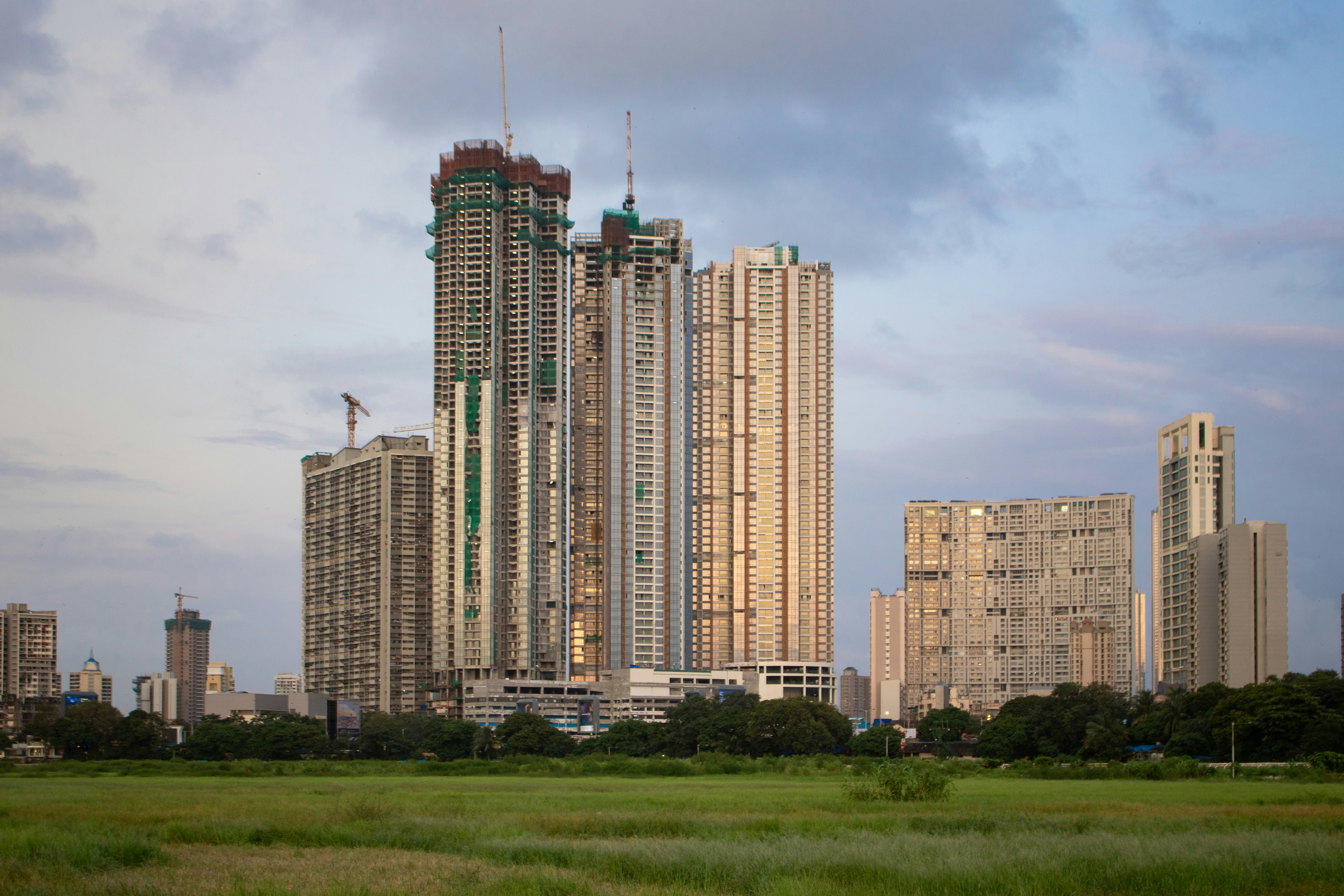 A city skyline with tall buildings and green grass