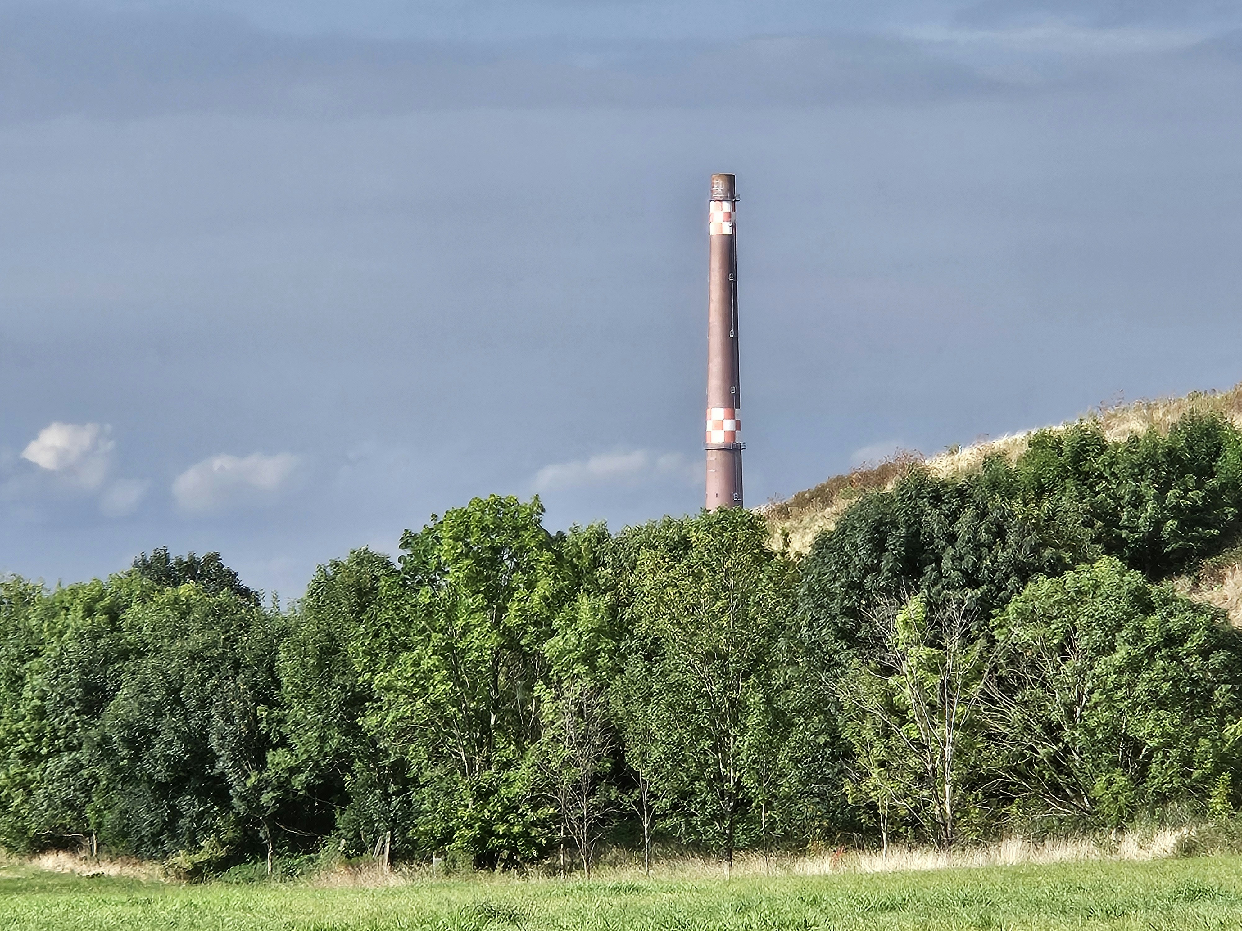 A view of a field with a tower in the background
