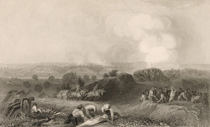 People working in a field with horses and carts