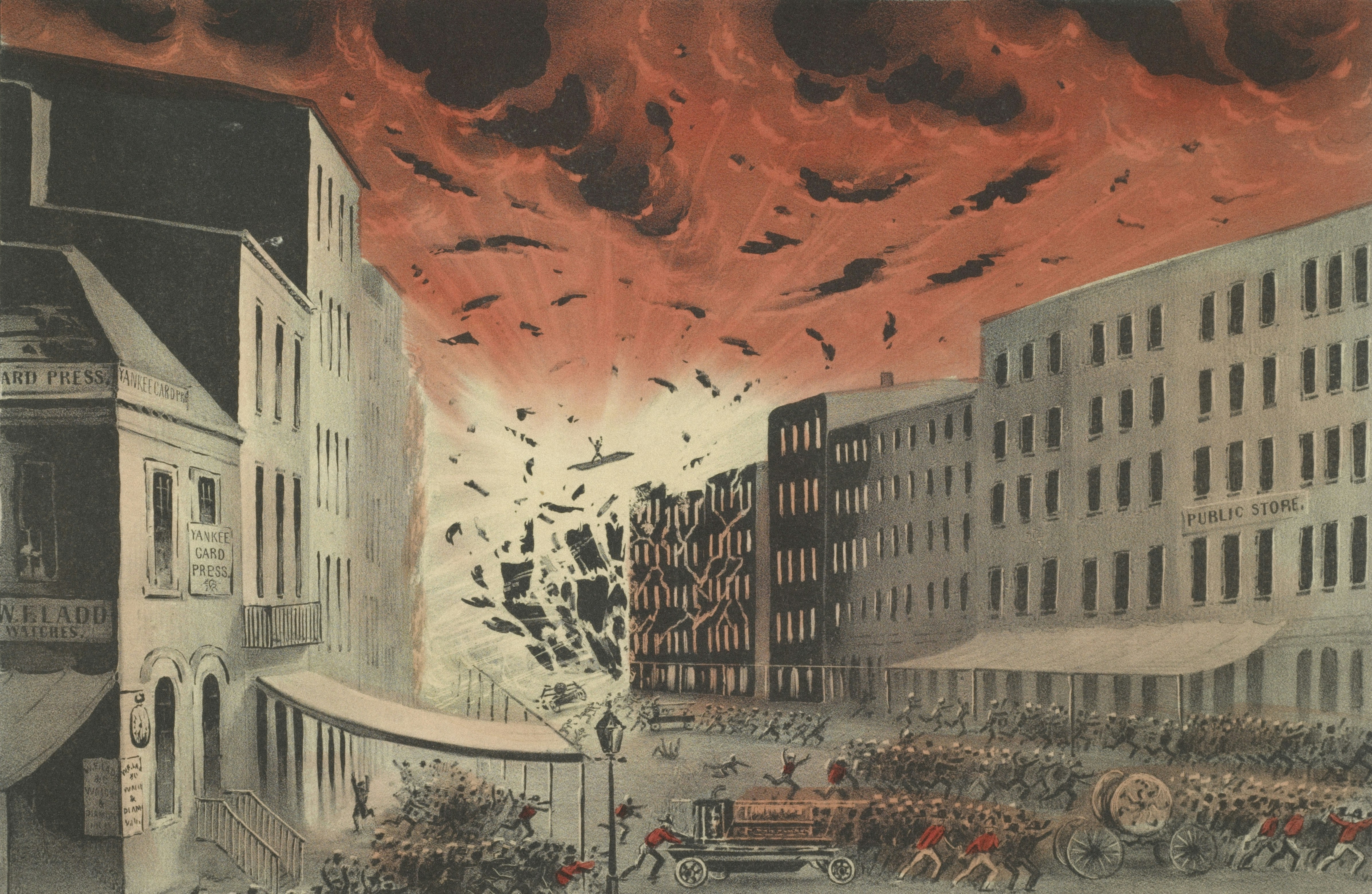 , The Miriam and Ira D. Wallach Division of Art, Prints and Photographs: Print Collection, The New York Public Library. "View of the terrific explosion at the Great Fire in New York. From Broad St. July 19th, 1845." The New York Public Library Digital Collections. 1845. https://digitalcollections.nypl.org/items/5e66b3e8-8dec-d471-e040-e00a180654d7