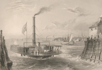 Paddle steamer sailing on a river with cityscape background buildings.