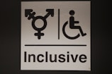 A white sign with a black and white image of a person in a wheelchair