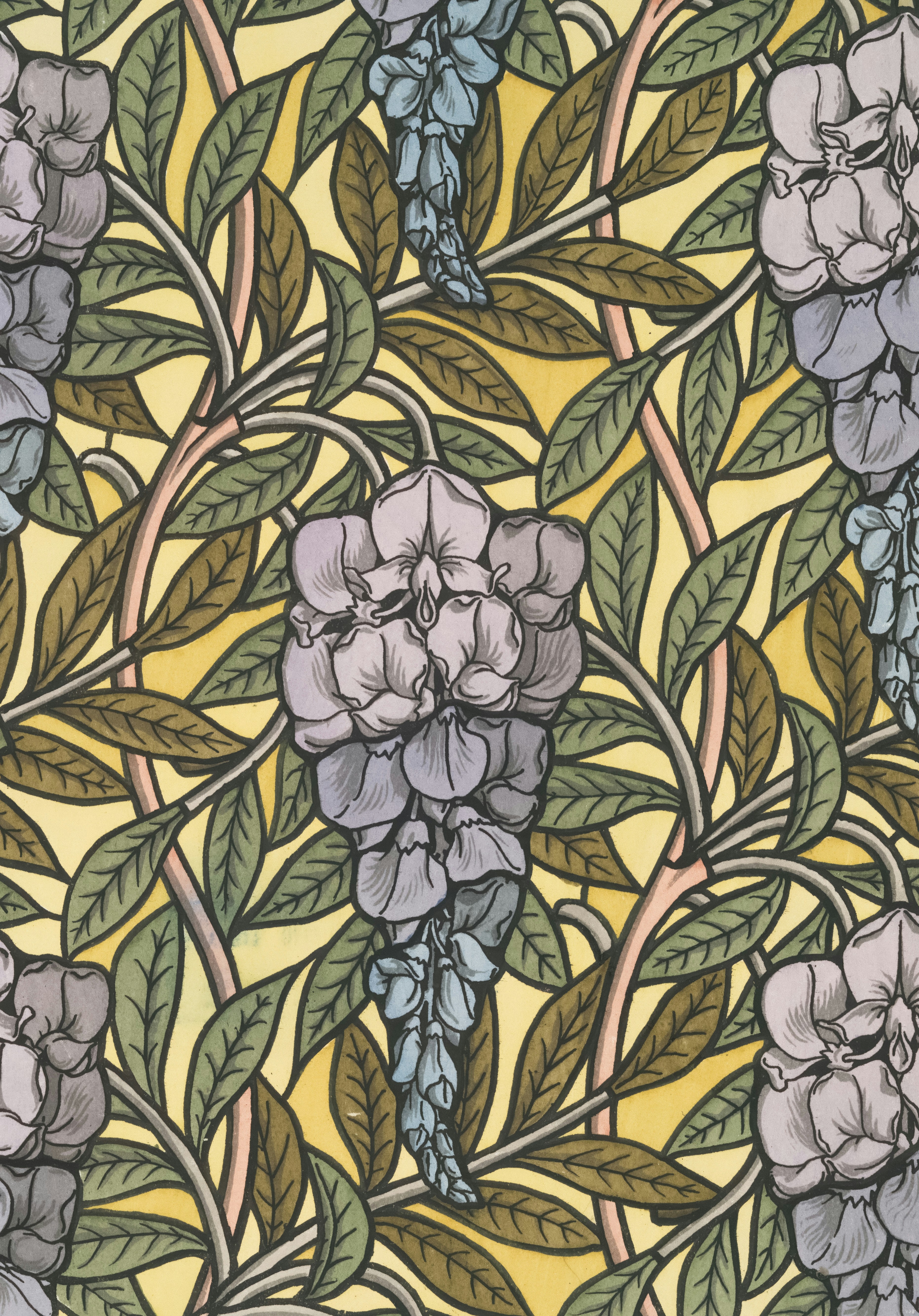 Wisteria flowers and leaves in a repeating pattern.