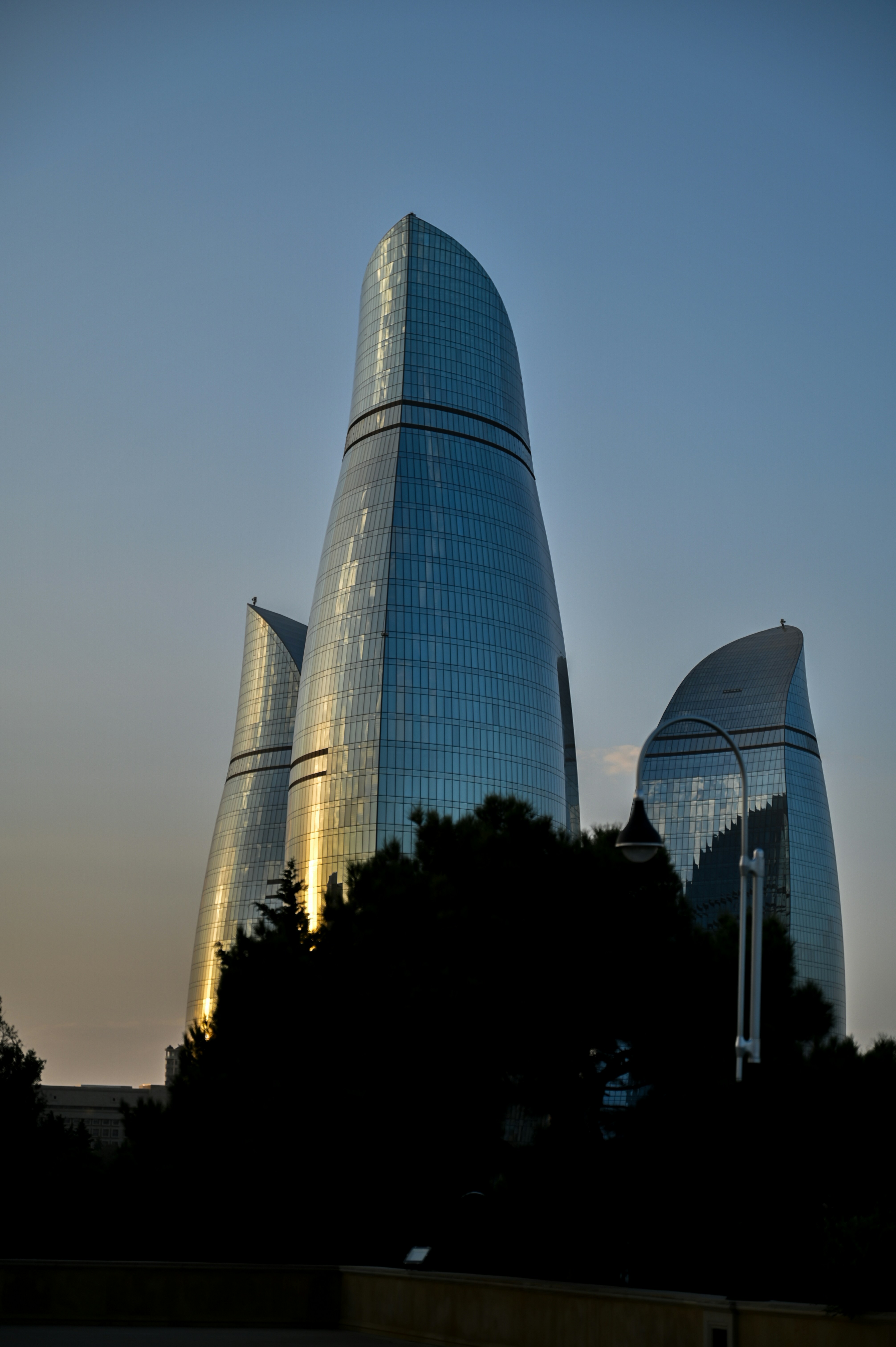 The famous flame towers of Baku, viewed at dusk.