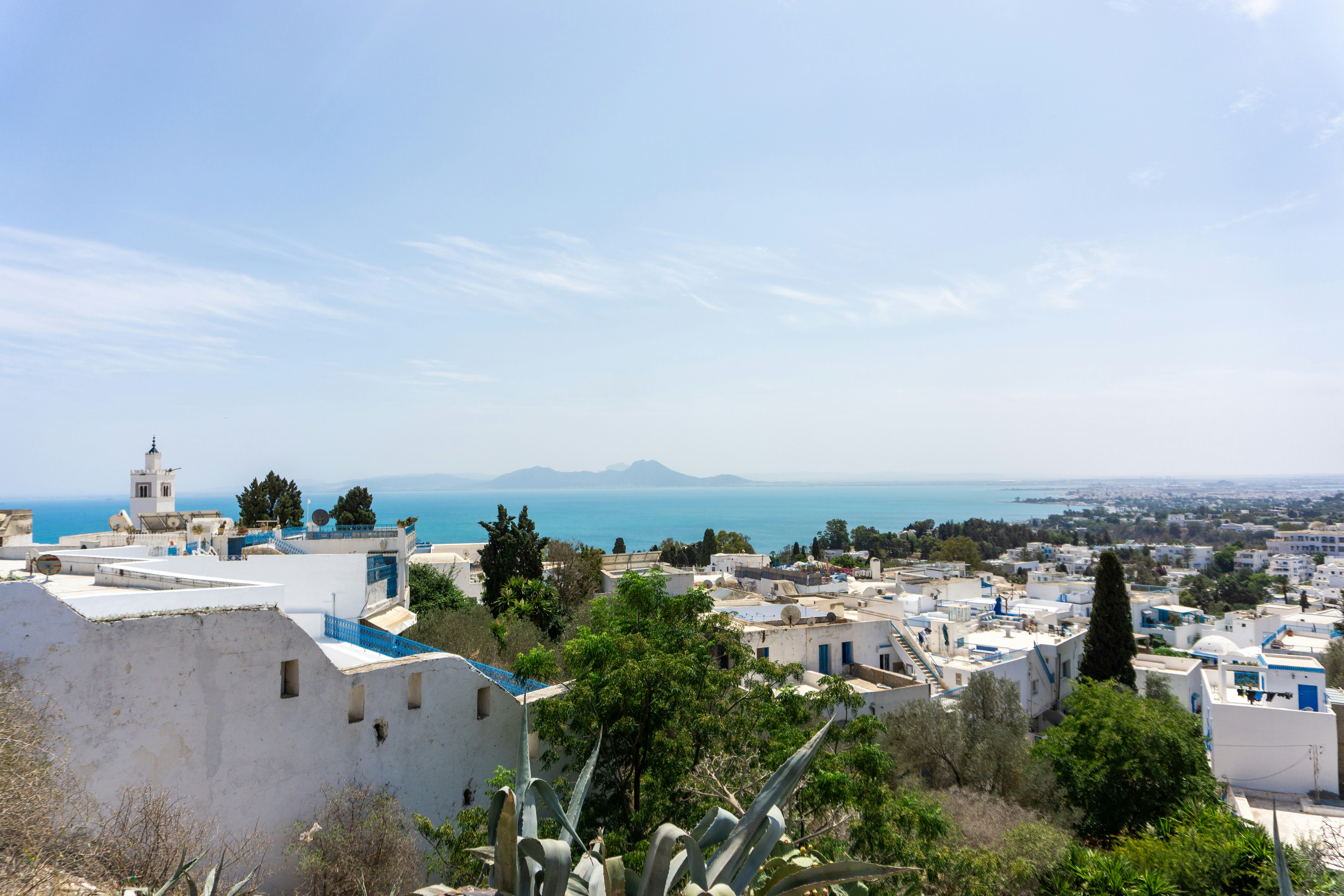 A view of a town with a body of water in the background, 