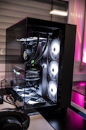 A computer case sitting on top of a desk