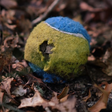 A blue and green tennis ball sitting on the ground