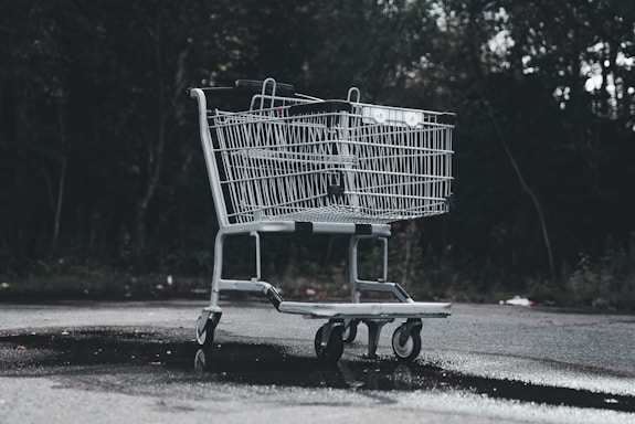 A shopping cart sitting on the side of a road