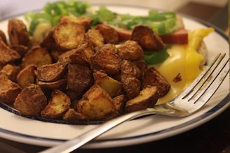 A plate of food with a fork and knife