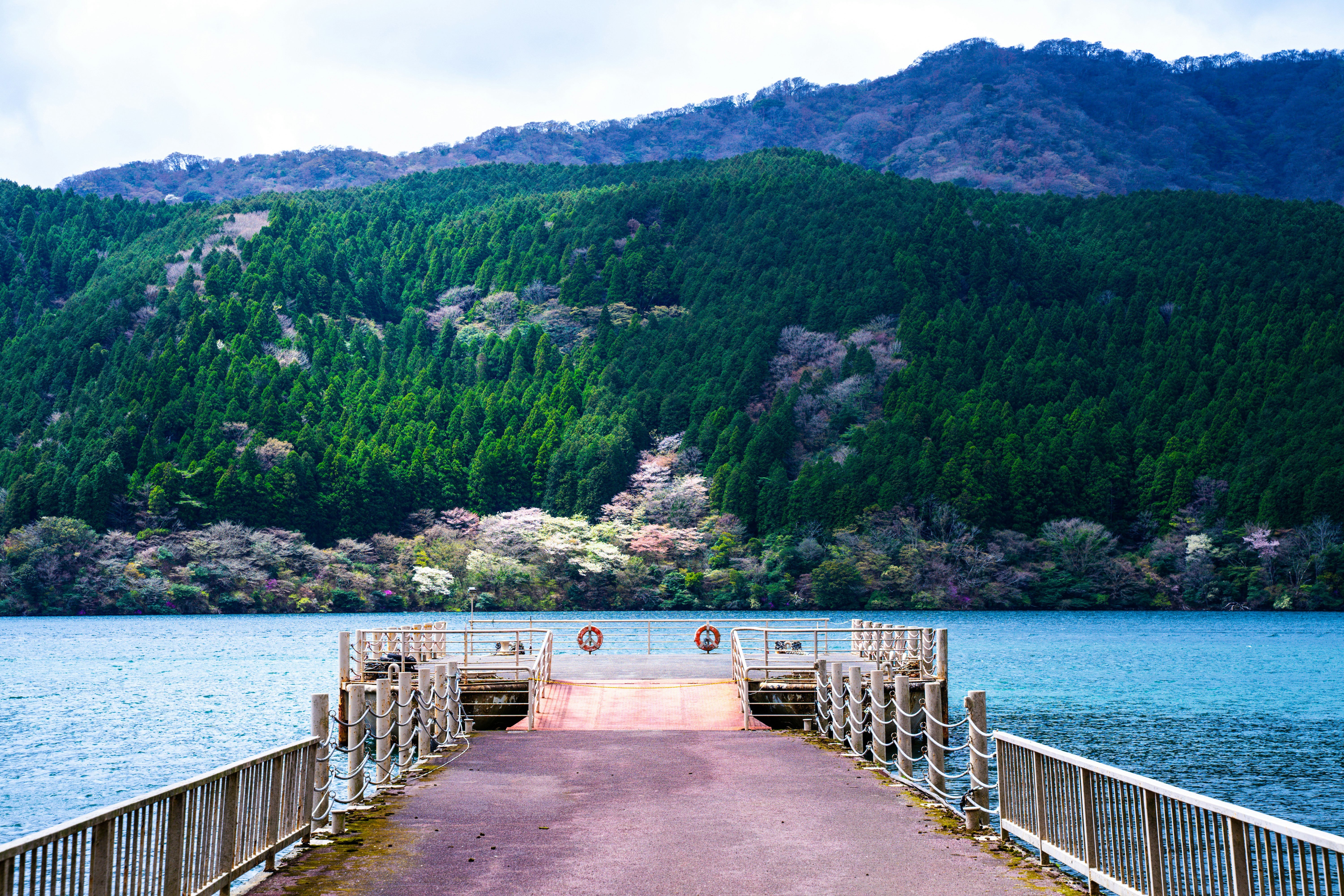 Eine lange Seebrücke mit einem Berg im Hintergrund