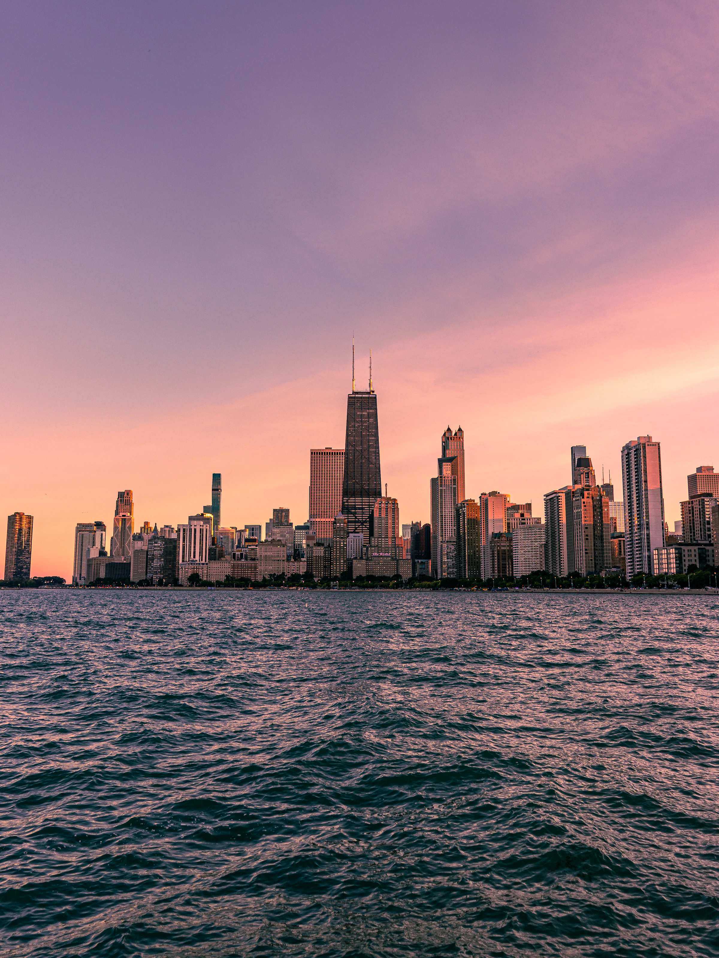 Chicago skyline and Lake Michigan at sunset