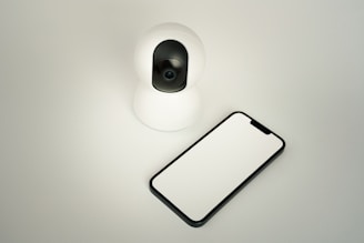 A camera and a cell phone sitting on a table