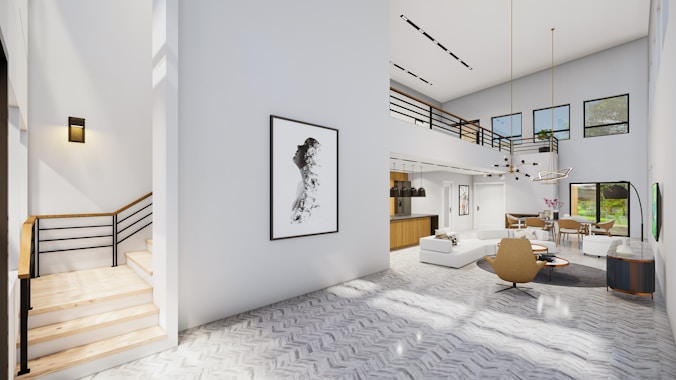 A living room filled with furniture and a staircase