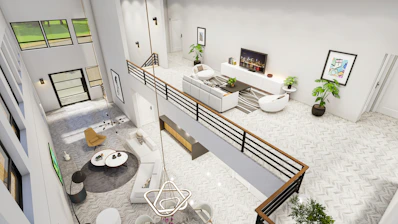 An aerial view of a living room and dining room