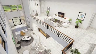 An aerial view of a living room and dining room