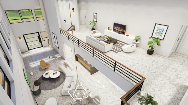 An aerial view of a living room and dining room