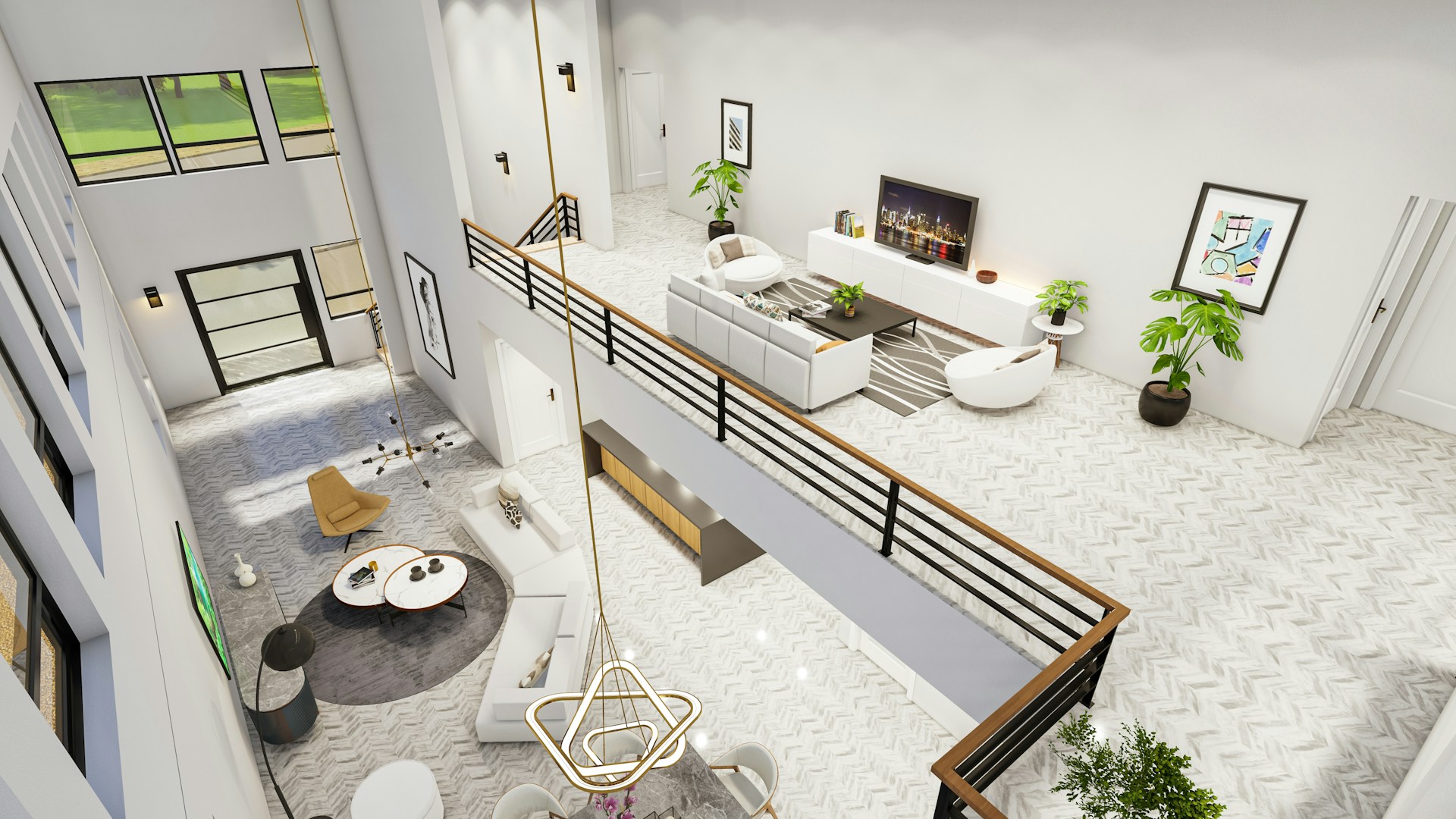 An aerial view of a living room and dining room