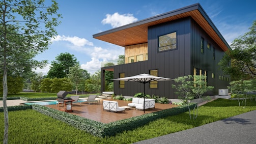 A rendering of a modern house with a pool