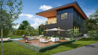 A rendering of a modern house with a pool
